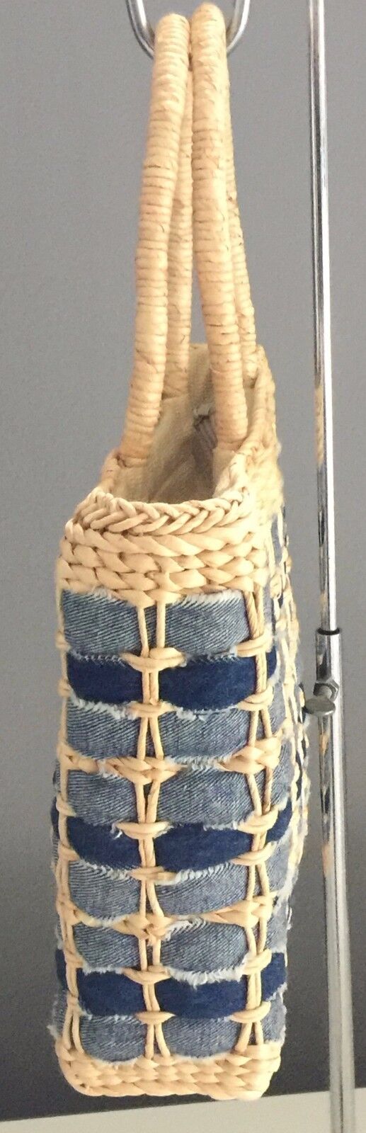 Retro JENDI Beige & Blue Denim Tote Shopper Beach Bag Stand Up Corn Husk Retro