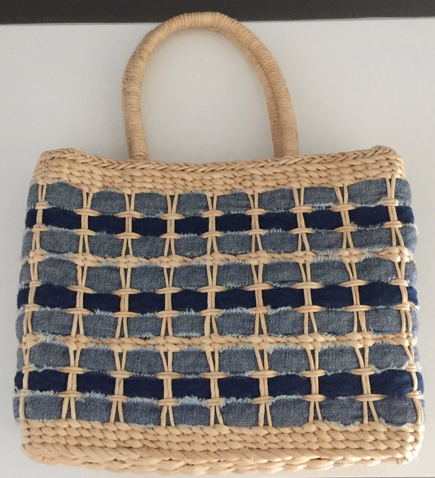 Retro JENDI Beige & Blue Denim Tote Shopper Beach Bag Stand Up Corn Husk Retro