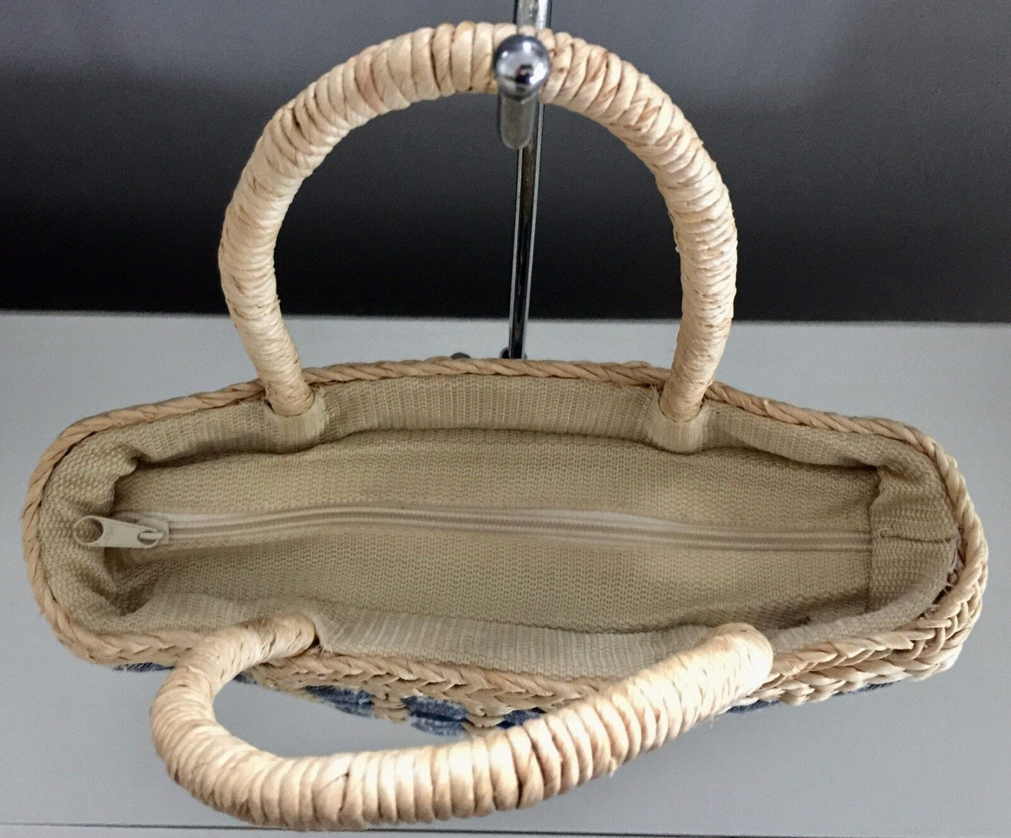 Retro JENDI Beige & Blue Denim Tote Shopper Beach Bag Stand Up Corn Husk Retro