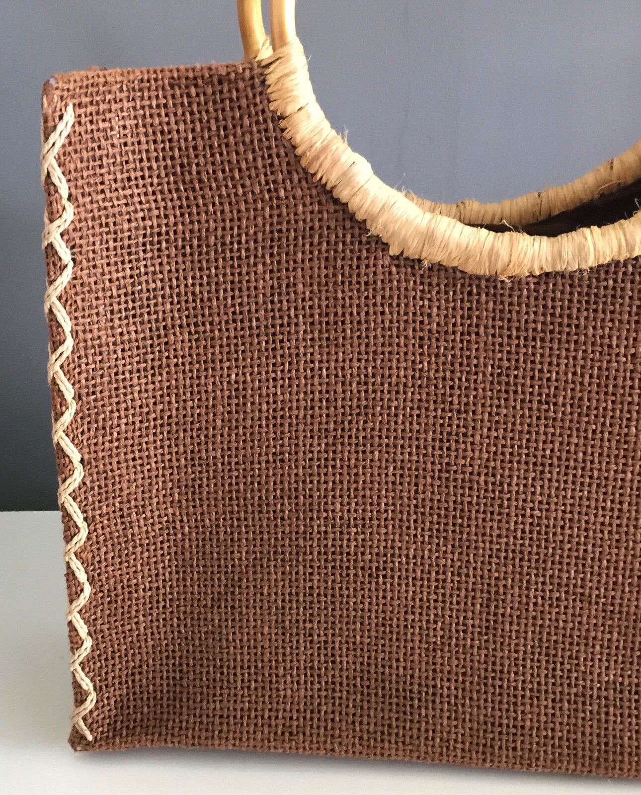 JENDI Bag Tote Shopper Brown & Beige  Stand Up Handbag Bamboo Round Handle Retro
