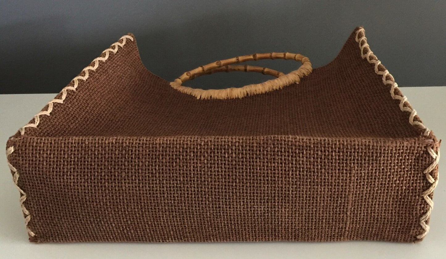 JENDI Bag Tote Shopper Brown & Beige  Stand Up Handbag Bamboo Round Handle Retro