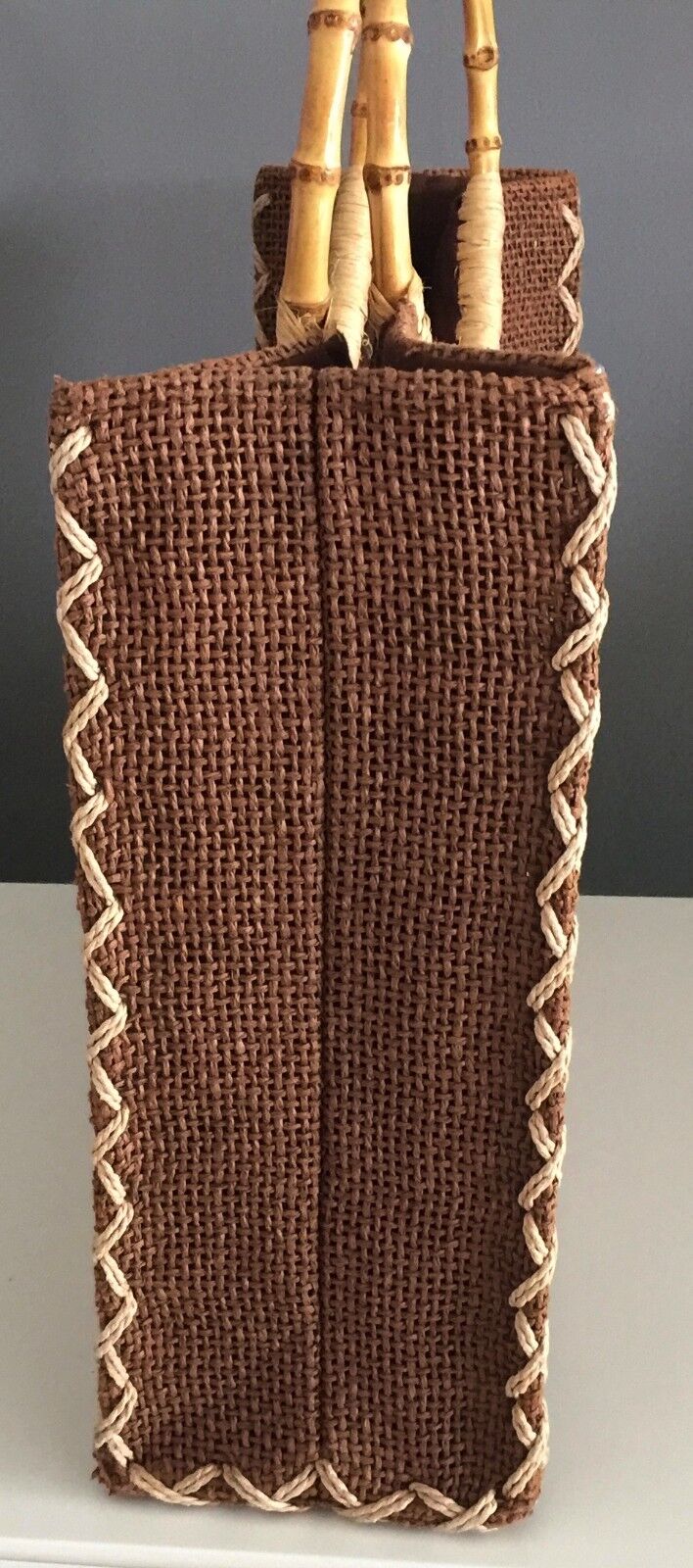 JENDI Bag Tote Shopper Brown & Beige  Stand Up Handbag Bamboo Round Handle Retro