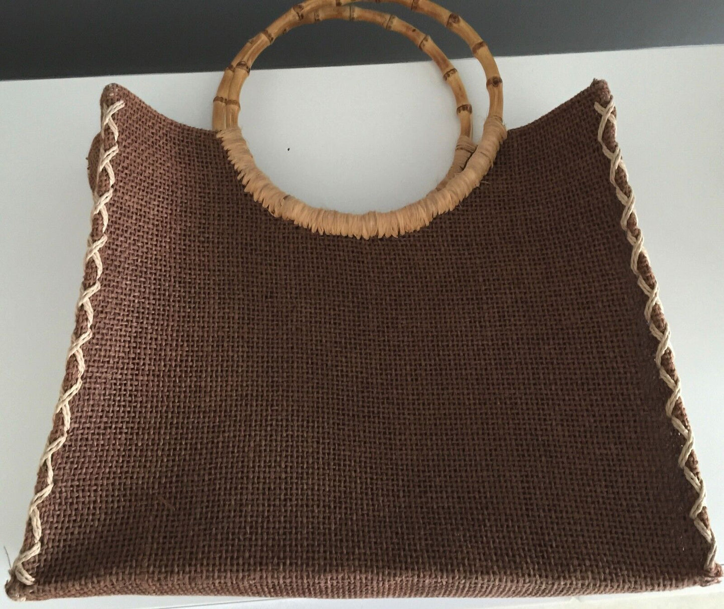 JENDI Bag Tote Shopper Brown & Beige  Stand Up Handbag Bamboo Round Handle Retro