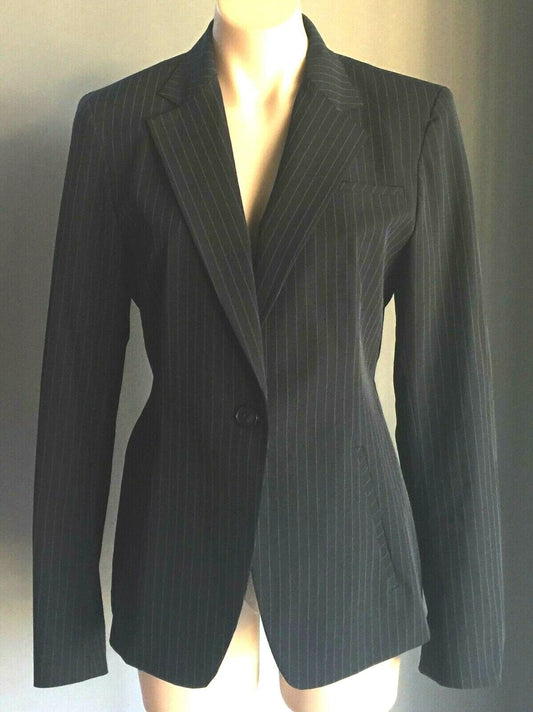 DKNY Blazer Black Pinstripe Buttoned  Long Sleeve Fitted Jacket Ladies Size 10