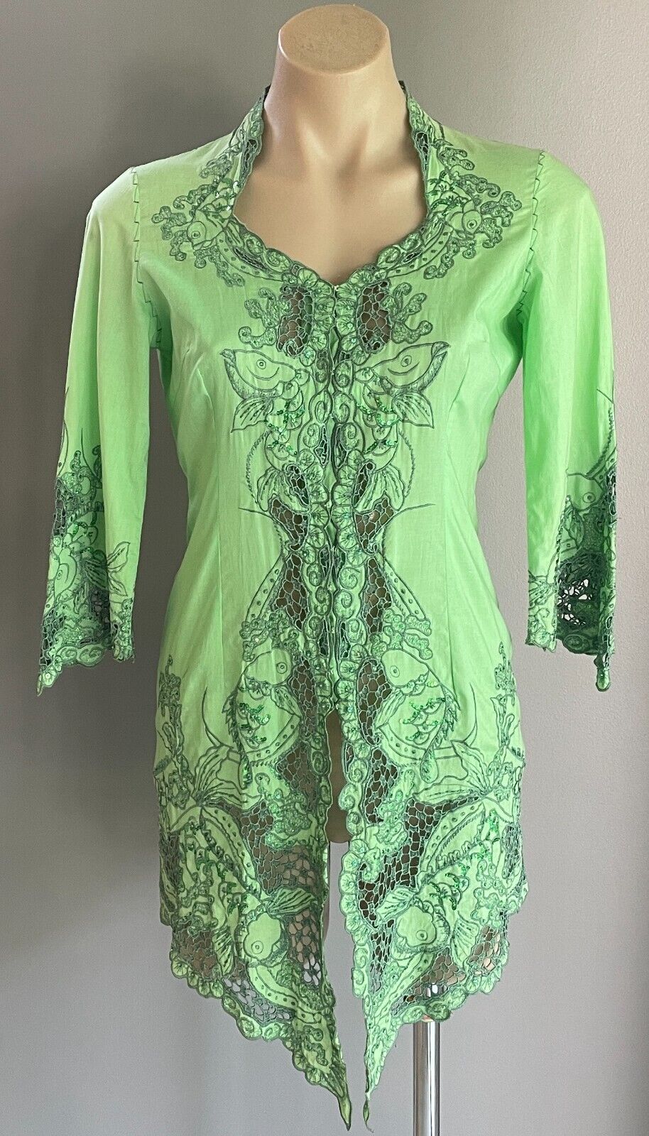 BALI COLOUR Open Top Green COTTON Floral Embroidered Sequin 3/4 Sleeve Size M 10