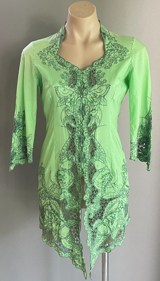 BALI COLOUR Open Top Green COTTON Floral Embroidered Sequin 3/4 Sleeve Size M 10