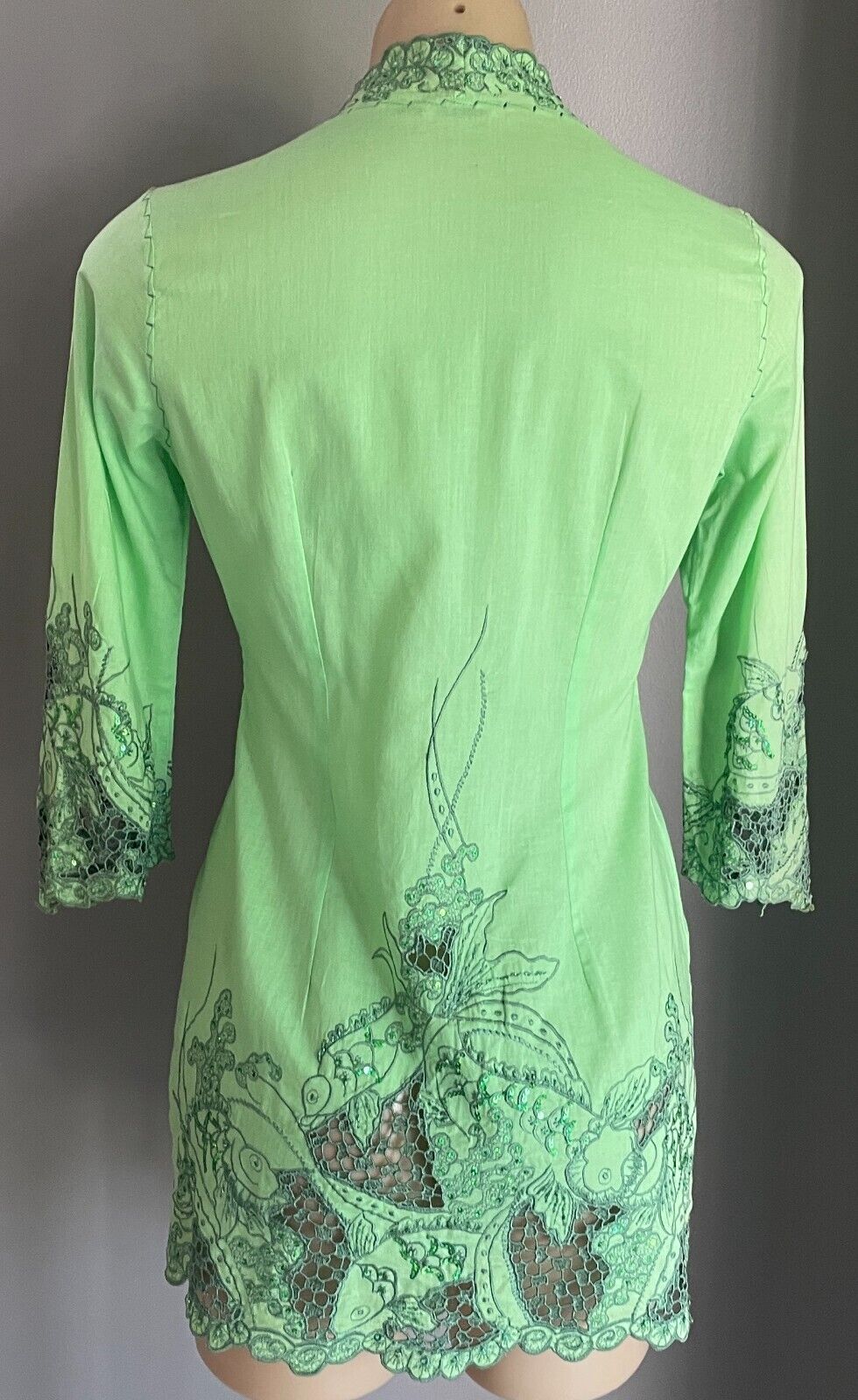 BALI COLOUR Open Top Green COTTON Floral Embroidered Sequin 3/4 Sleeve Size M 10