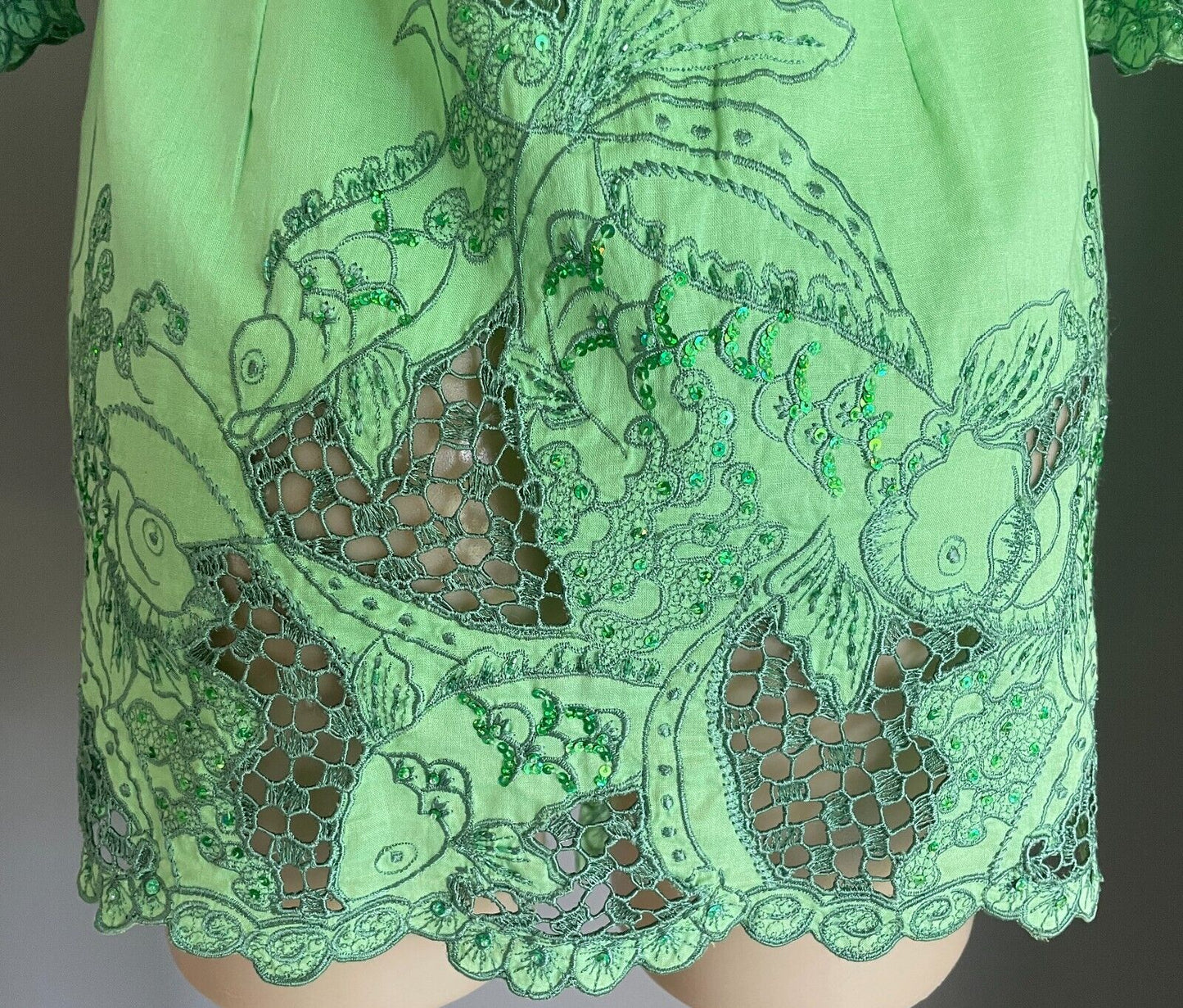BALI COLOUR Open Top Green COTTON Floral Embroidered Sequin 3/4 Sleeve Size M 10