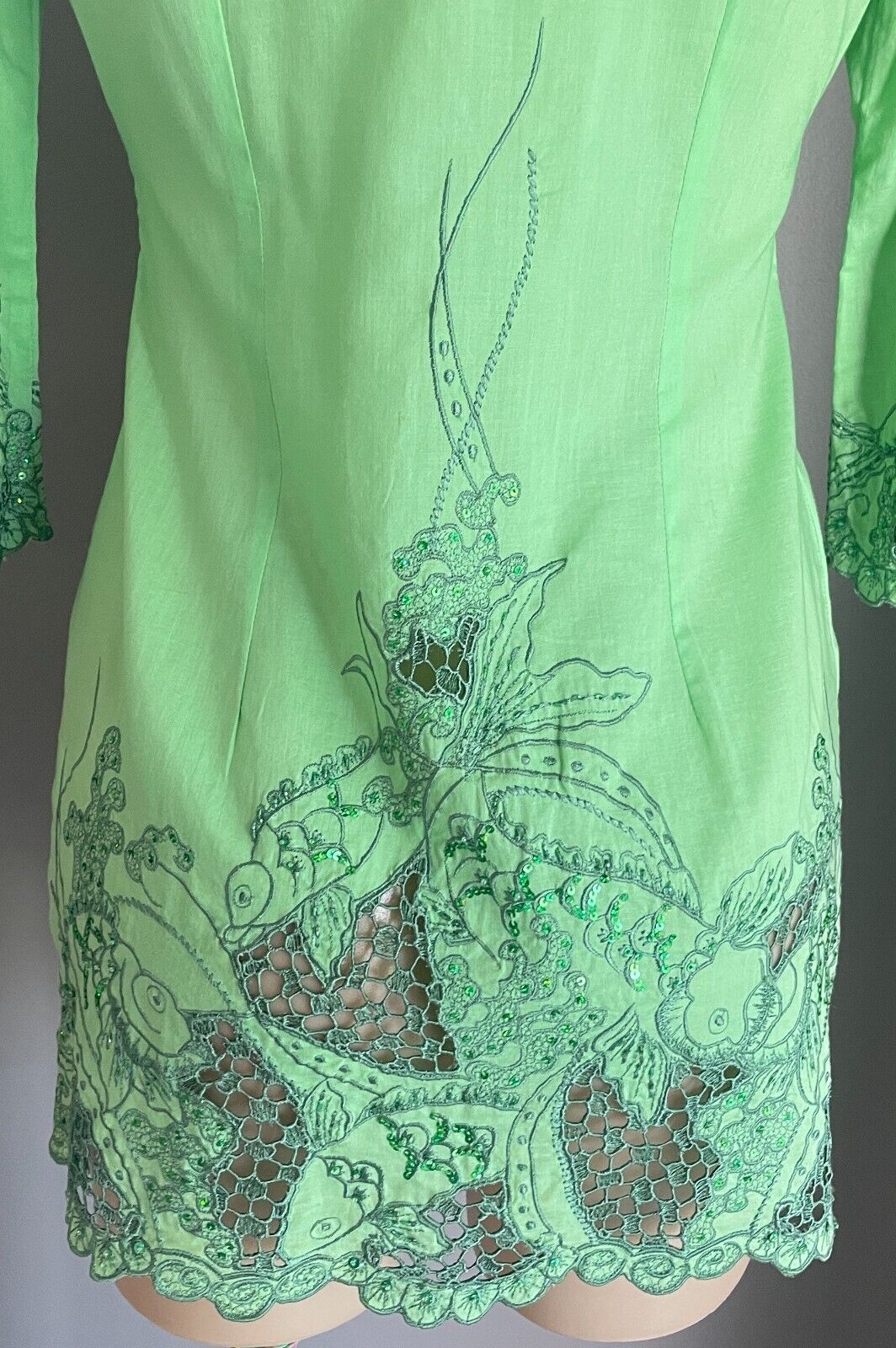 BALI COLOUR Open Top Green COTTON Floral Embroidered Sequin 3/4 Sleeve Size M 10