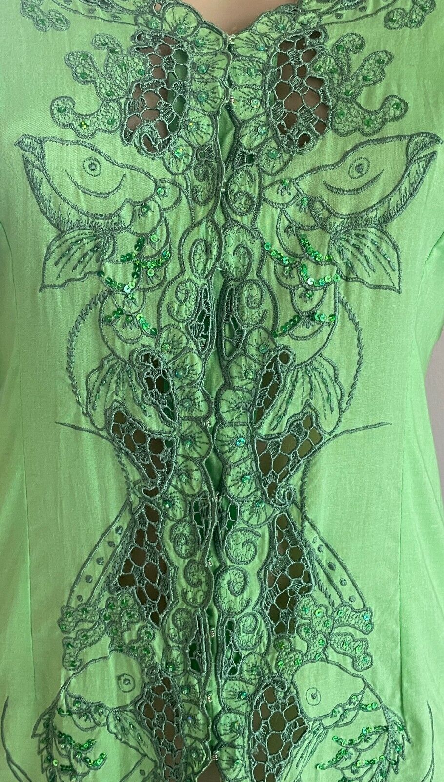 BALI COLOUR Open Top Green COTTON Floral Embroidered Sequin 3/4 Sleeve Size M 10