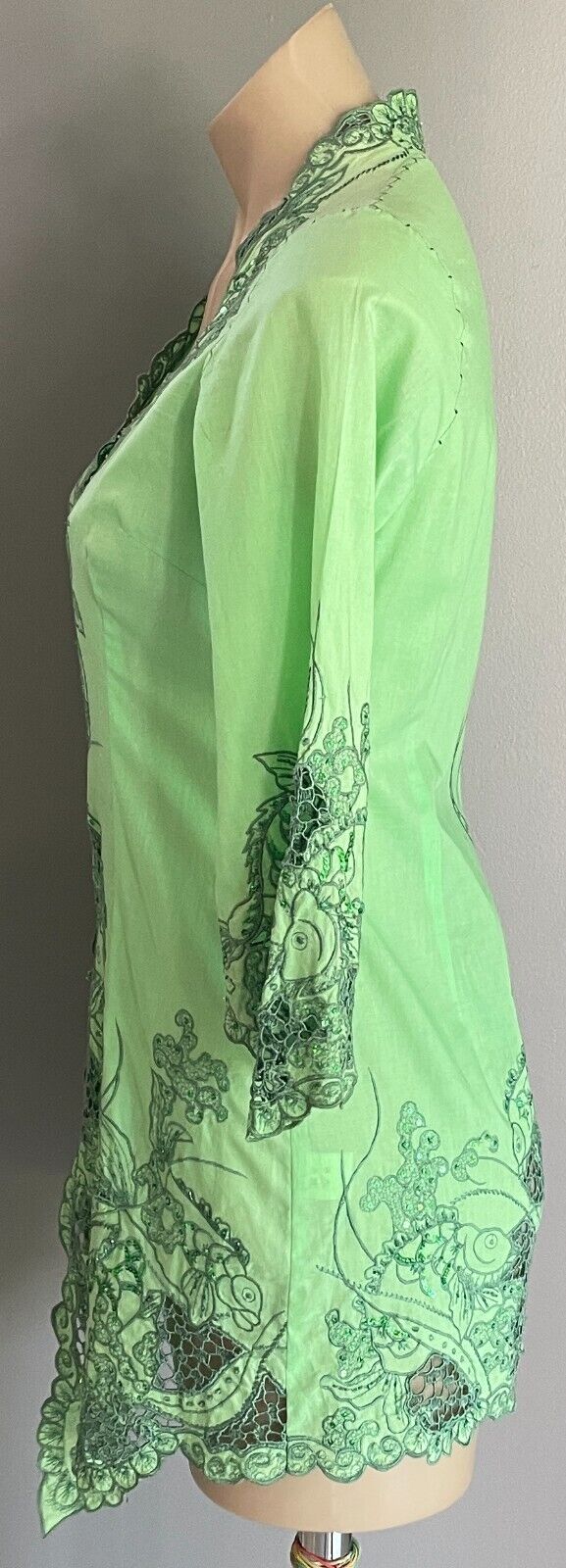 BALI COLOUR Open Top Green COTTON Floral Embroidered Sequin 3/4 Sleeve Size M 10