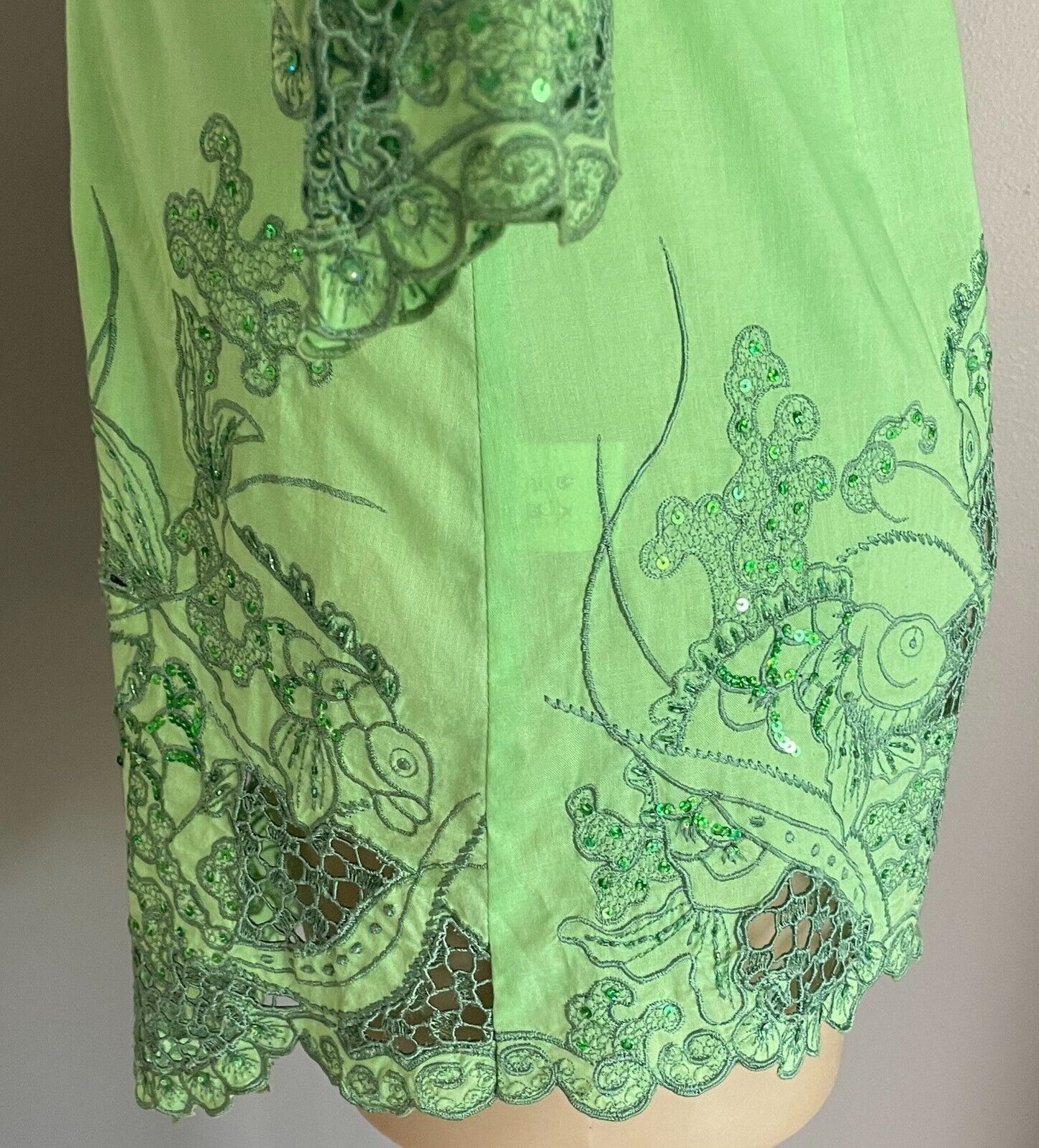 BALI COLOUR Open Top Green COTTON Floral Embroidered Sequin 3/4 Sleeve Size M 10