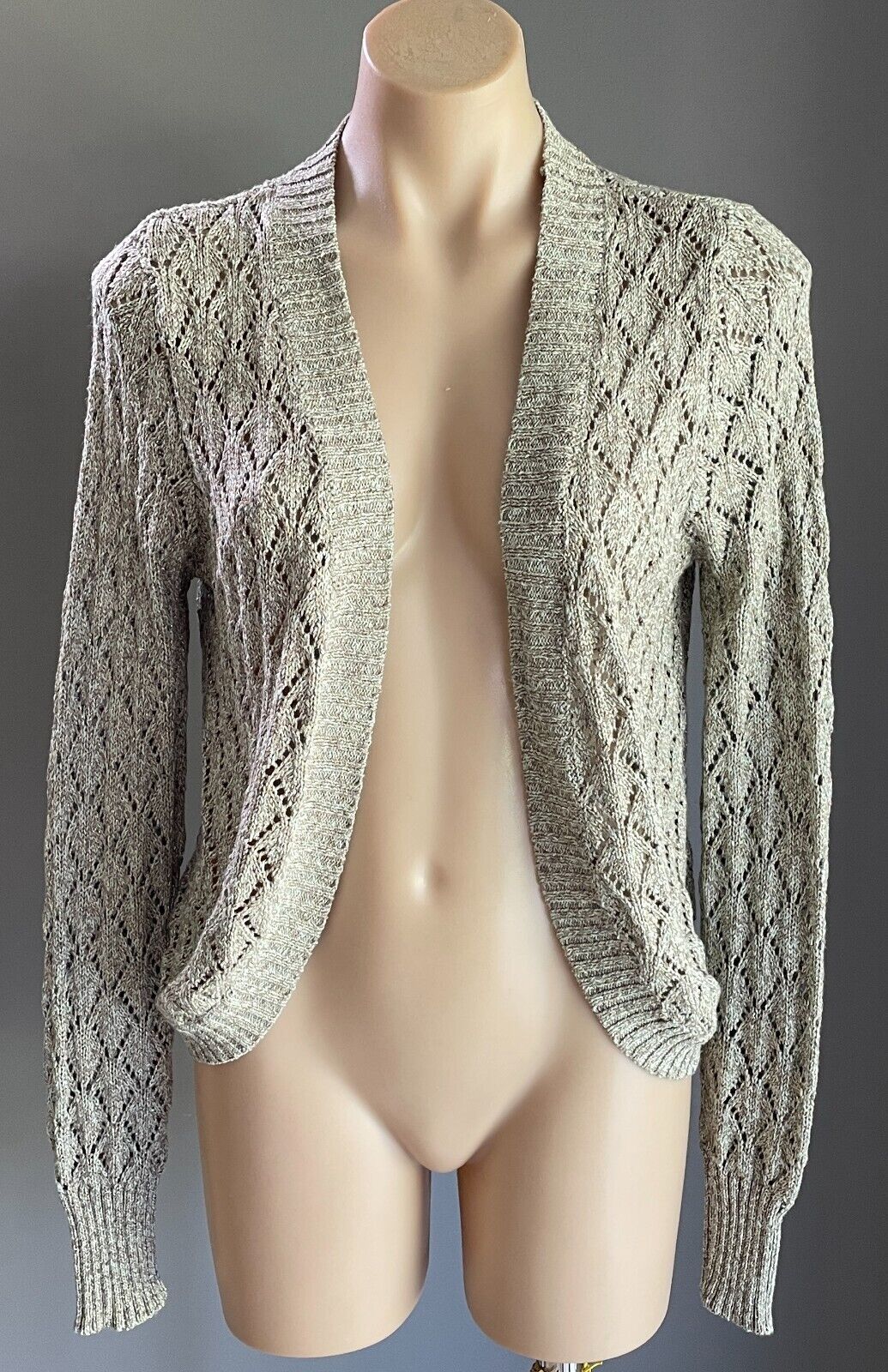 WITCHERY Cardigan Open Knit  Bolero Khaki Gold Green Thread Long Sleeve Size L