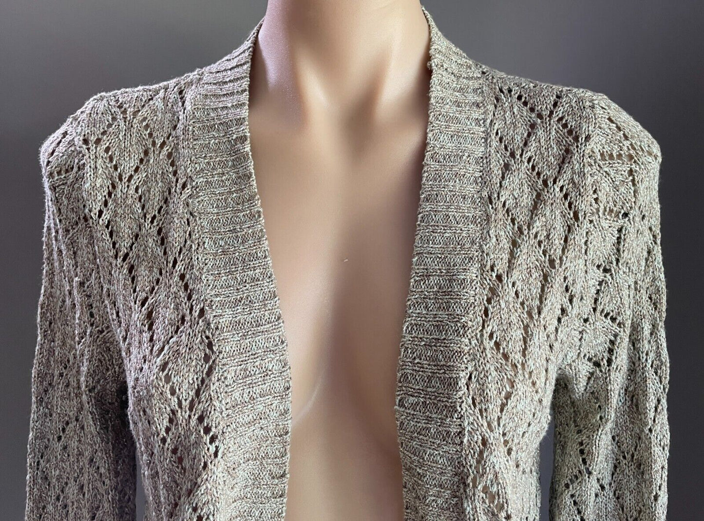 WITCHERY Cardigan Open Knit  Bolero Khaki Gold Green Thread Long Sleeve Size L