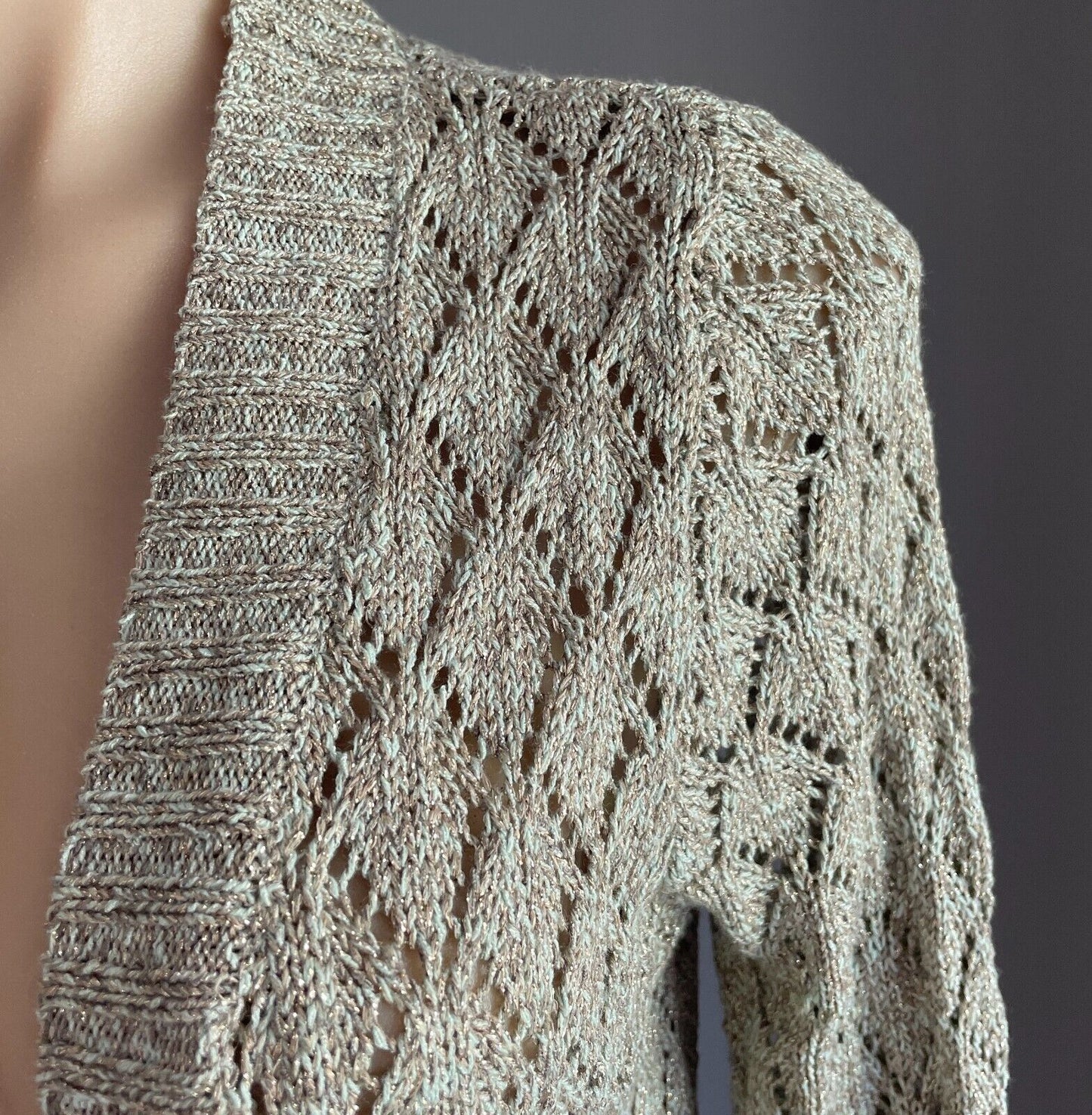 WITCHERY Cardigan Open Knit  Bolero Khaki Gold Green Thread Long Sleeve Size L