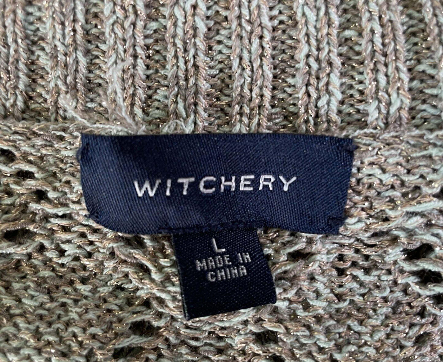 WITCHERY Cardigan Open Knit  Bolero Khaki Gold Green Thread Long Sleeve Size L