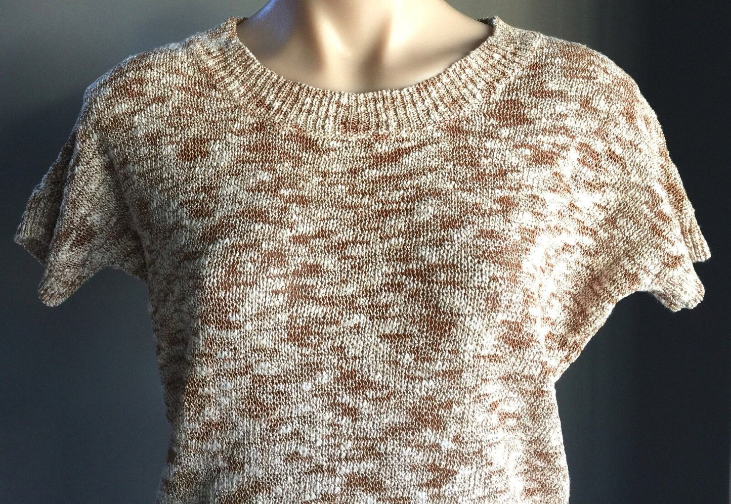 WITCHERY Top Short Sleeve Sweater  Beige Rust & Gold Metallic Lurex Sz XS 10 NEW