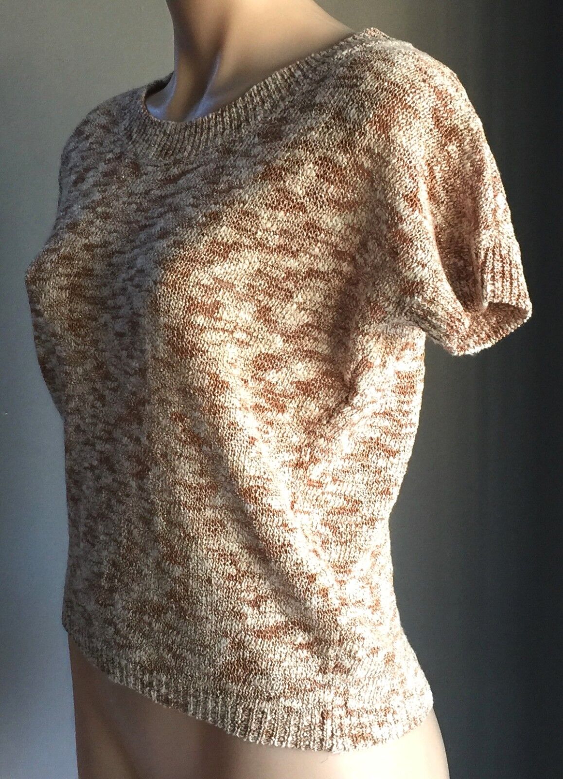 WITCHERY Top Short Sleeve Sweater  Beige Rust & Gold Metallic Lurex Sz XS 10 NEW