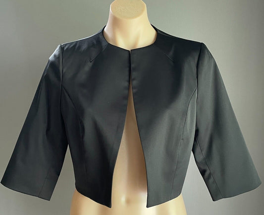 MONTIQUE "Carina" Jacket Black SATIN Crop Bolero Collarless Sz 12 NEW