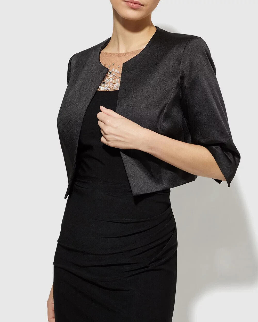 MONTIQUE "Carina" Jacket Black SATIN Crop Bolero Collarless Sz 12 NEW