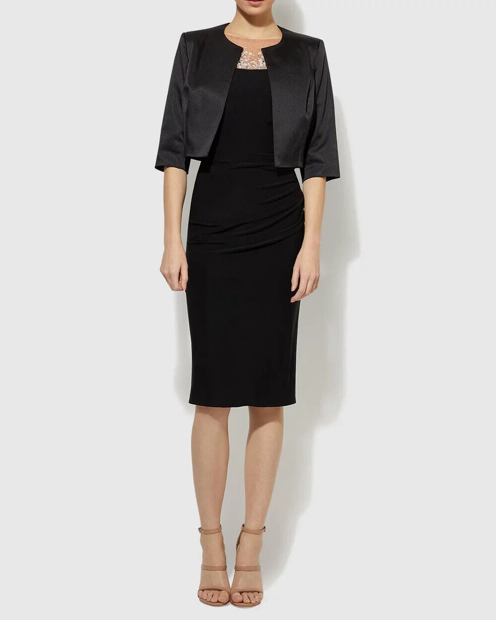 MONTIQUE "Carina" Jacket Black SATIN Crop Bolero Collarless Sz 12 NEW