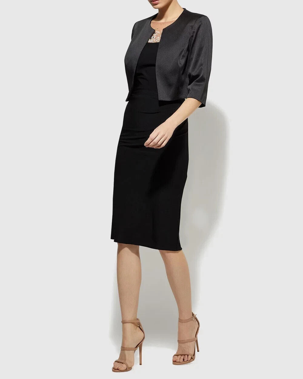 MONTIQUE "Carina" Jacket Black SATIN Crop Bolero Collarless Sz 12 NEW