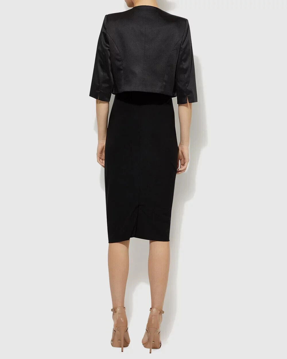 MONTIQUE "Carina" Jacket Black SATIN Crop Bolero Collarless Sz 12 NEW