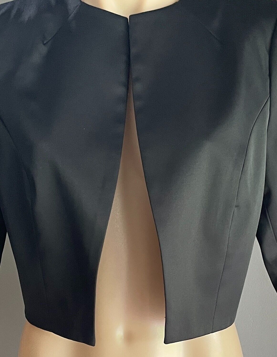 MONTIQUE "Carina" Jacket Black SATIN Crop Bolero Collarless Sz 12 NEW