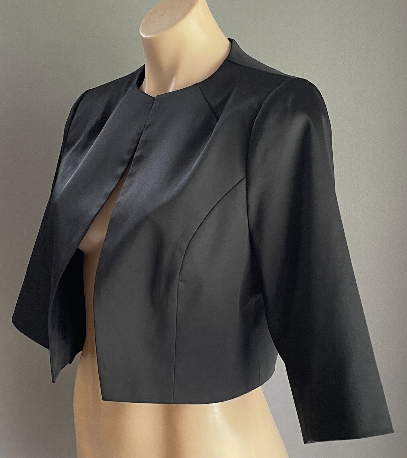 MONTIQUE "Carina" Jacket Black SATIN Crop Bolero Collarless Sz 12 NEW