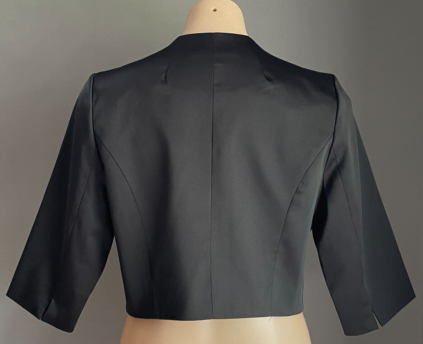 MONTIQUE "Carina" Jacket Black SATIN Crop Bolero Collarless Sz 12 NEW