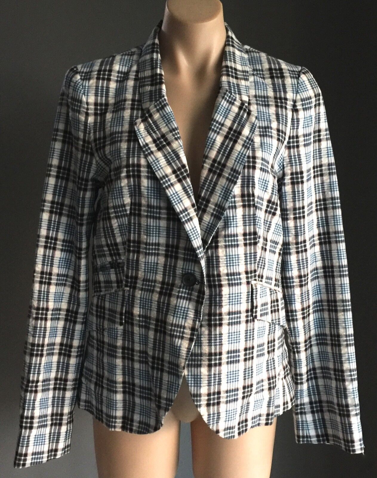 SPORTSGIRL Jacket Blazer Blue White & Red Check Lightweight Lined Casual Size 12