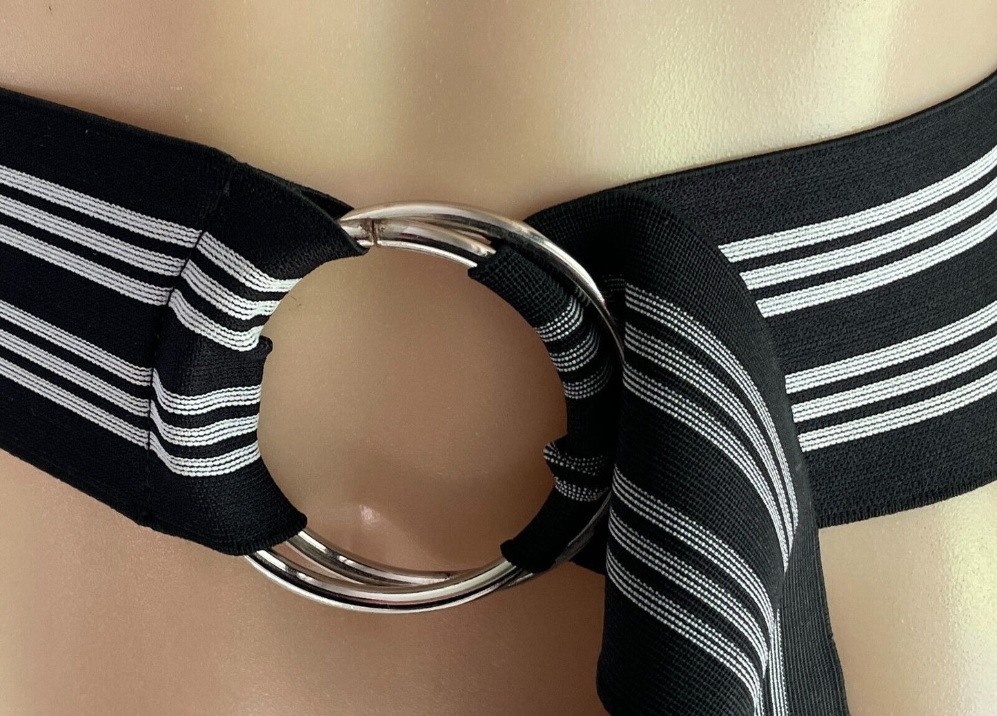 BELT Black & White Stripe Elastic Belt O Rings Closure 7cm Wide Retro