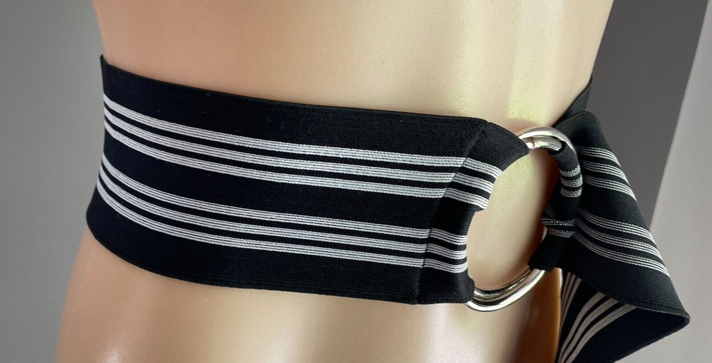 BELT Black & White Stripe Elastic Belt O Rings Closure 7cm Wide Retro