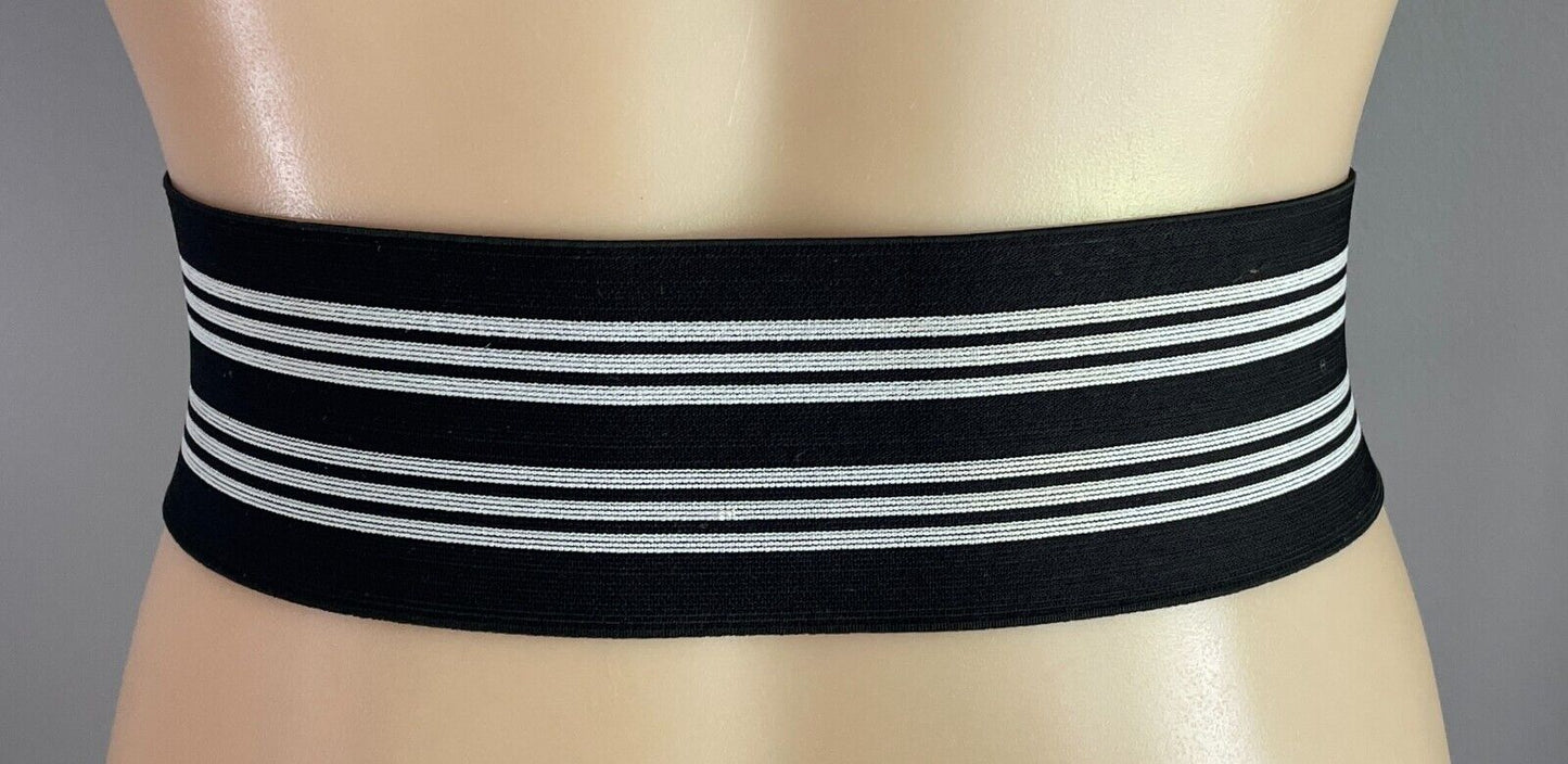 BELT Black & White Stripe Elastic Belt O Rings Closure 7cm Wide Retro