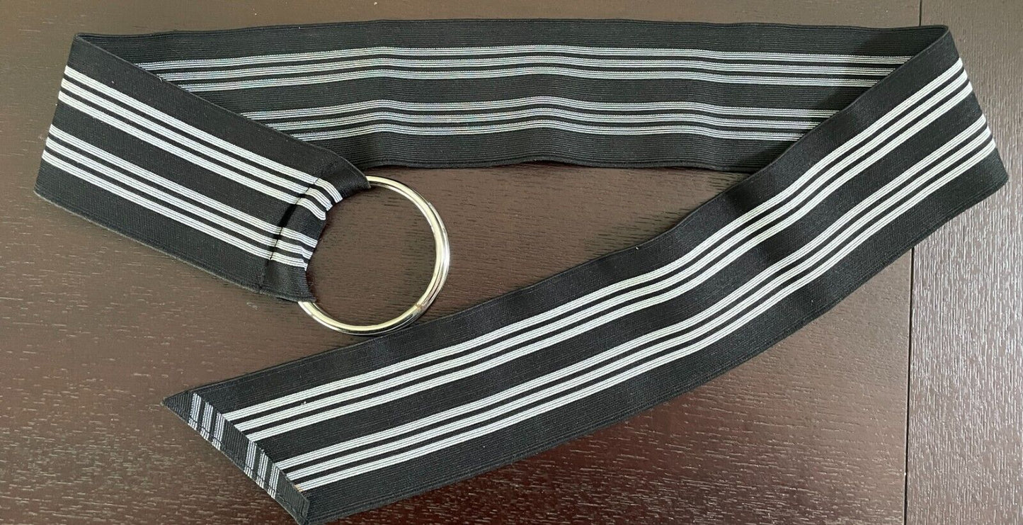BELT Black & White Stripe Elastic Belt O Rings Closure 7cm Wide Retro