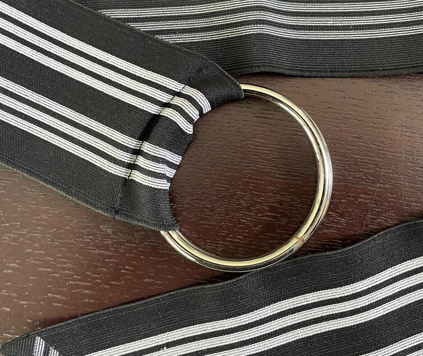 BELT Black & White Stripe Elastic Belt O Rings Closure 7cm Wide Retro