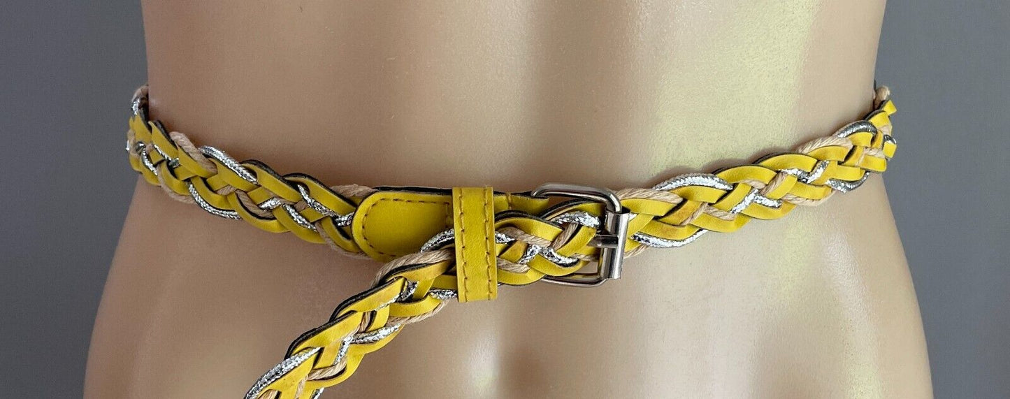 Belt Yellow Tan Silver Pleather Cord Woven 2cm Wide Total Length Of Belt 98cm