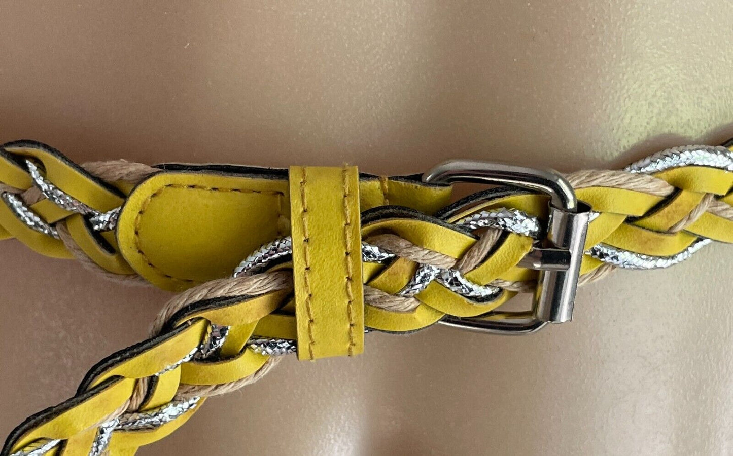 Belt Yellow Tan Silver Pleather Cord Woven 2cm Wide Total Length Of Belt 98cm
