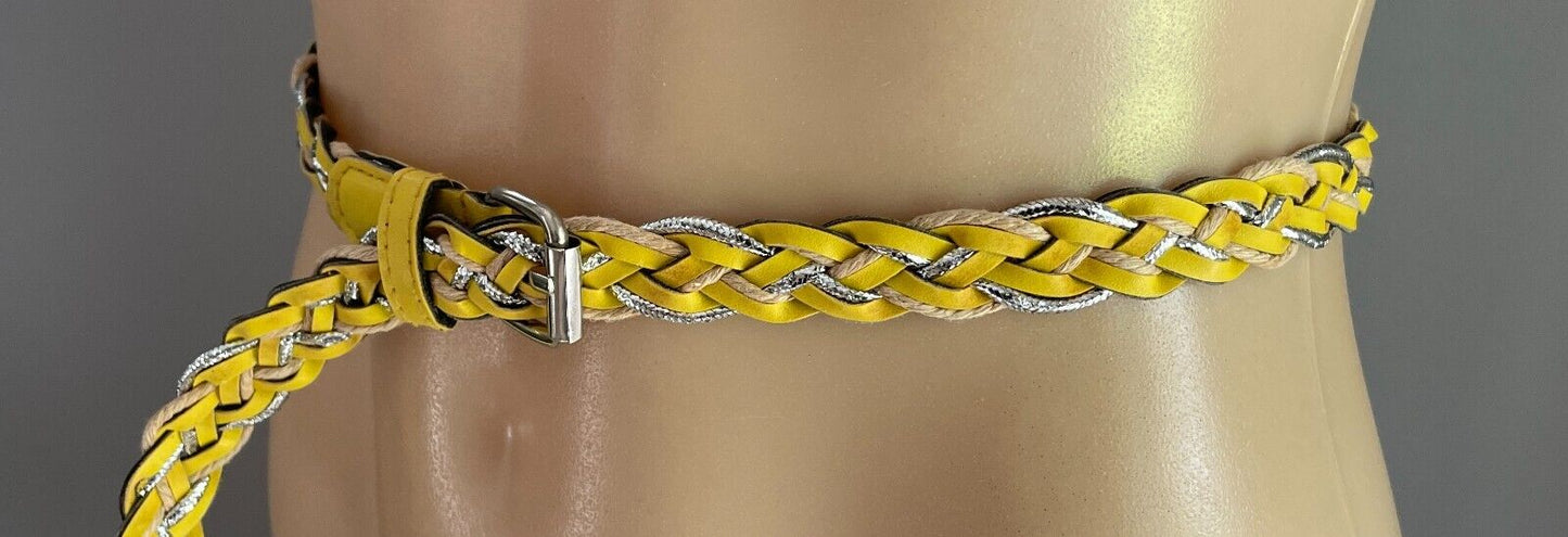 Belt Yellow Tan Silver Pleather Cord Woven 2cm Wide Total Length Of Belt 98cm