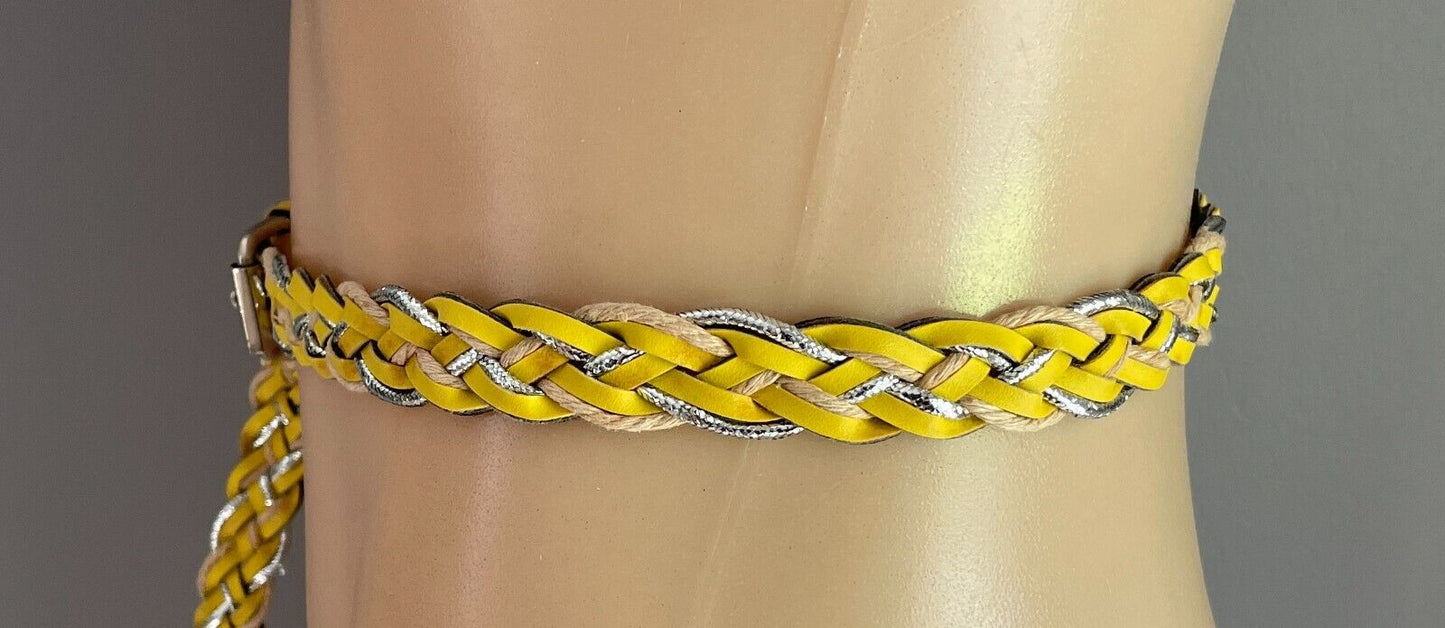 Belt Yellow Tan Silver Pleather Cord Woven 2cm Wide Total Length Of Belt 98cm