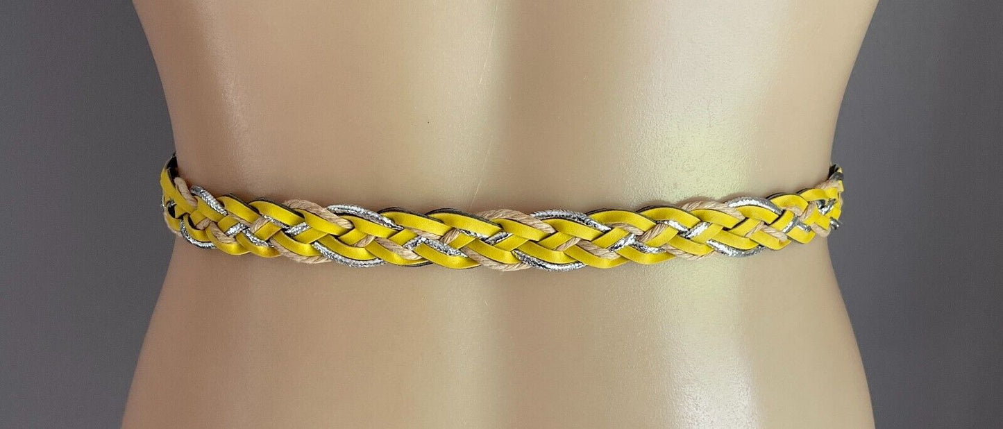 Belt Yellow Tan Silver Pleather Cord Woven 2cm Wide Total Length Of Belt 98cm