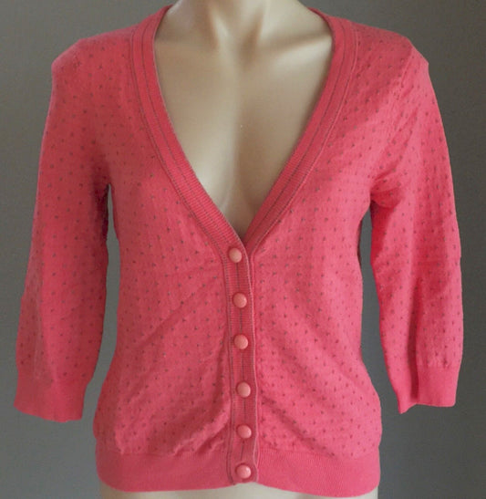KATHERINE Knit Cardigan  3/4 Sleeve Coral Silver Polka Dot Ladies Size 10