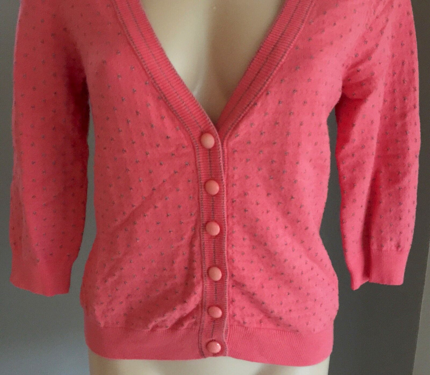 KATHERINE Knit Cardigan  3/4 Sleeve Coral Silver Polka Dot Ladies Size 10