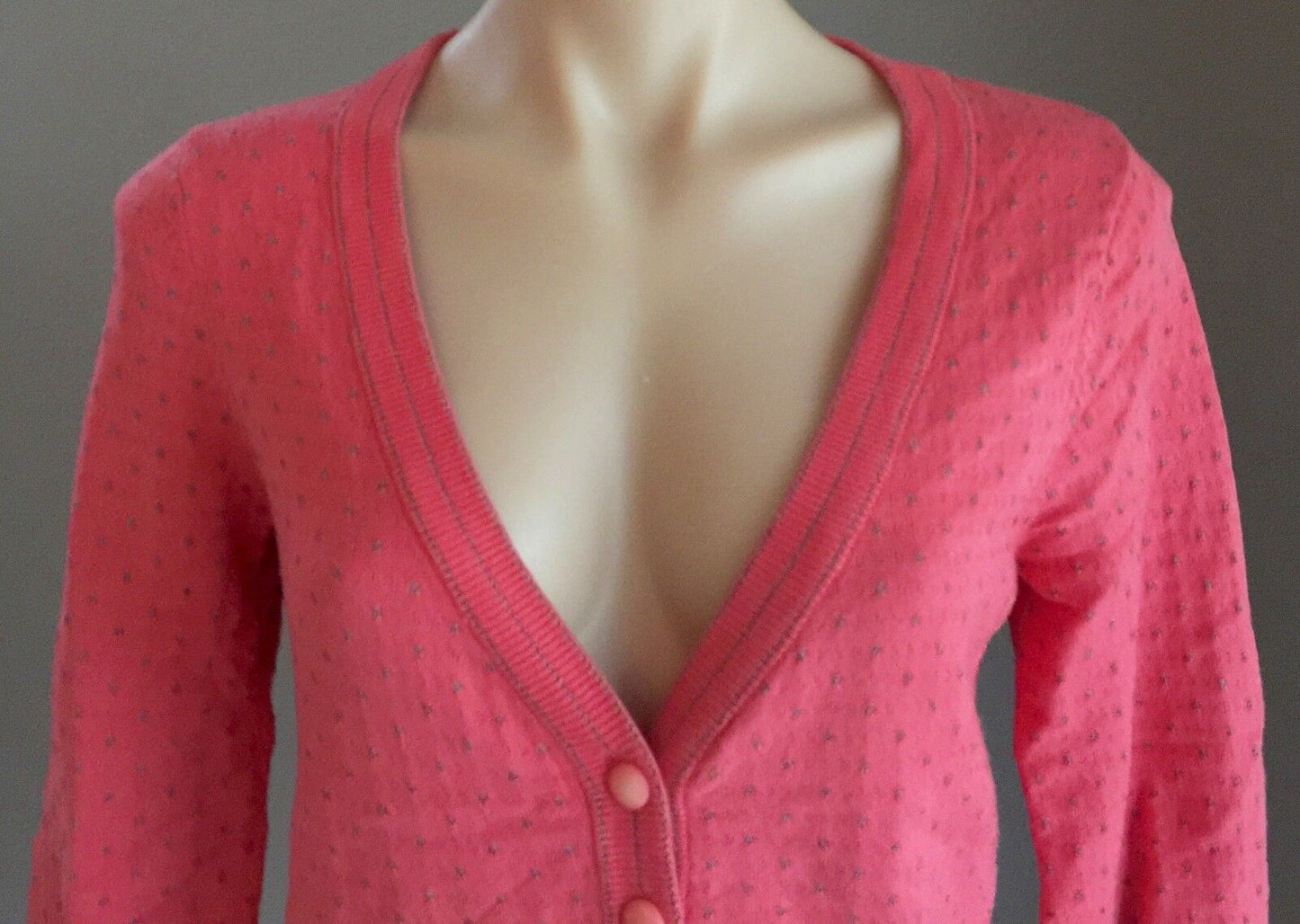 KATHERINE Knit Cardigan  3/4 Sleeve Coral Silver Polka Dot Ladies Size 10