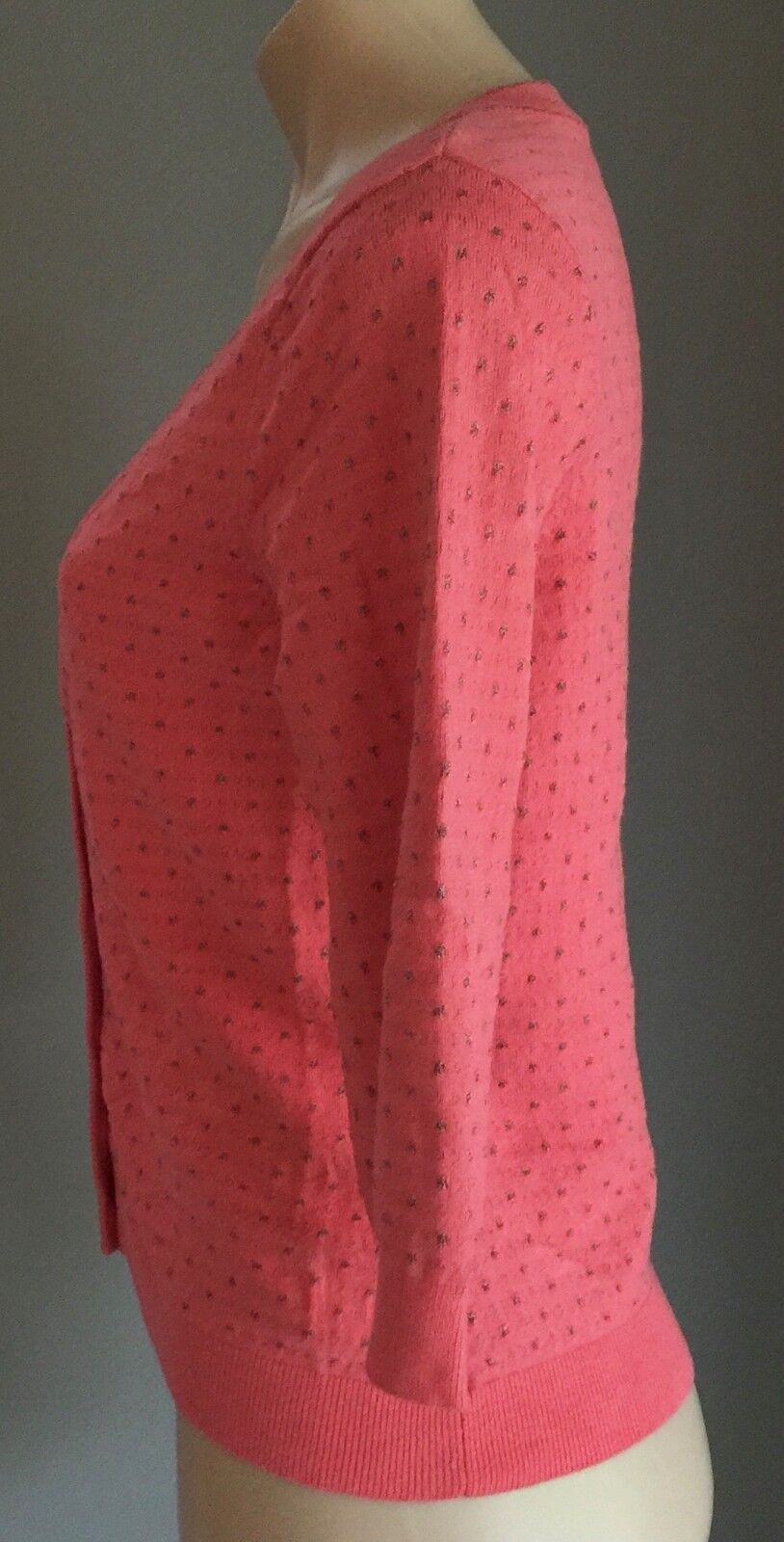 KATHERINE Knit Cardigan  3/4 Sleeve Coral Silver Polka Dot Ladies Size 10