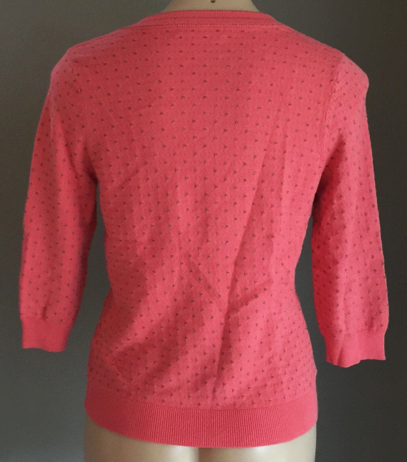 KATHERINE Knit Cardigan  3/4 Sleeve Coral Silver Polka Dot Ladies Size 10