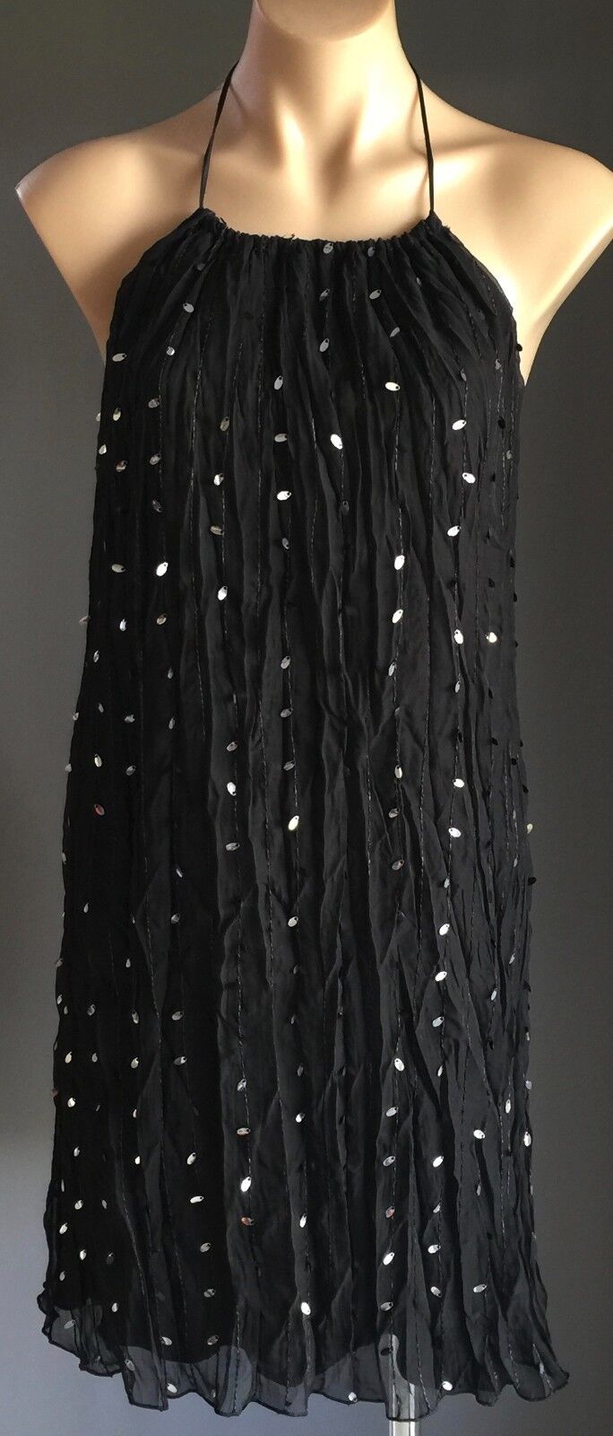 LADAKH Dress Lustrous Black & Large Silver Sequin Halter Neck Ladies Size 10