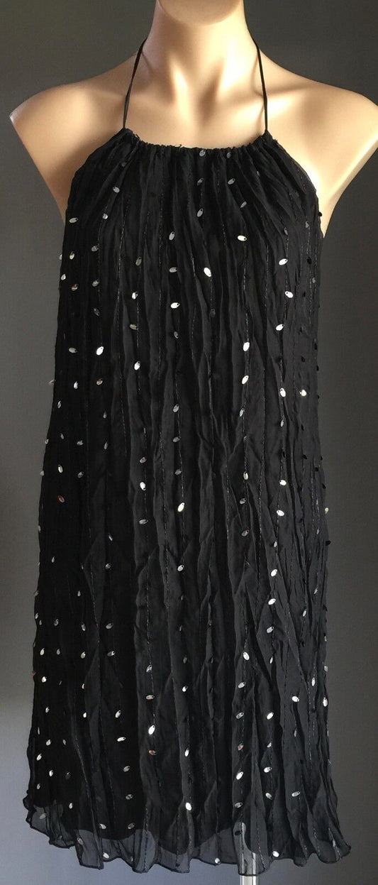 LADAKH Dress Lustrous Black & Large Silver Sequin Halter Neck Ladies Size 10
