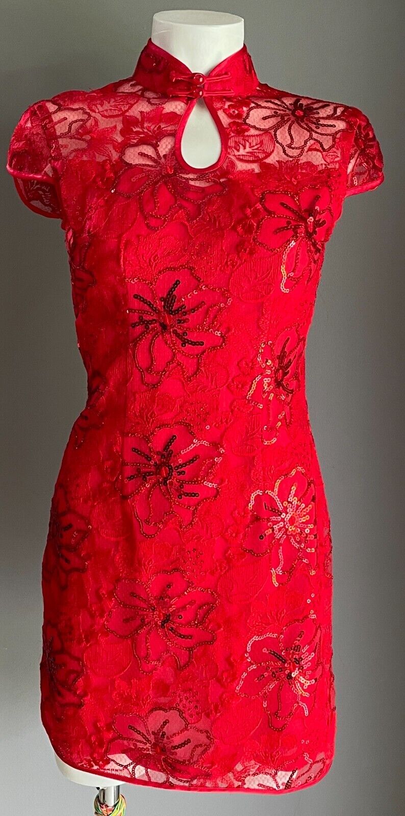 SHUTONG Cheongsam Traditional Chinese Dress Qipao Red Floral Lace Sequin Trim 8