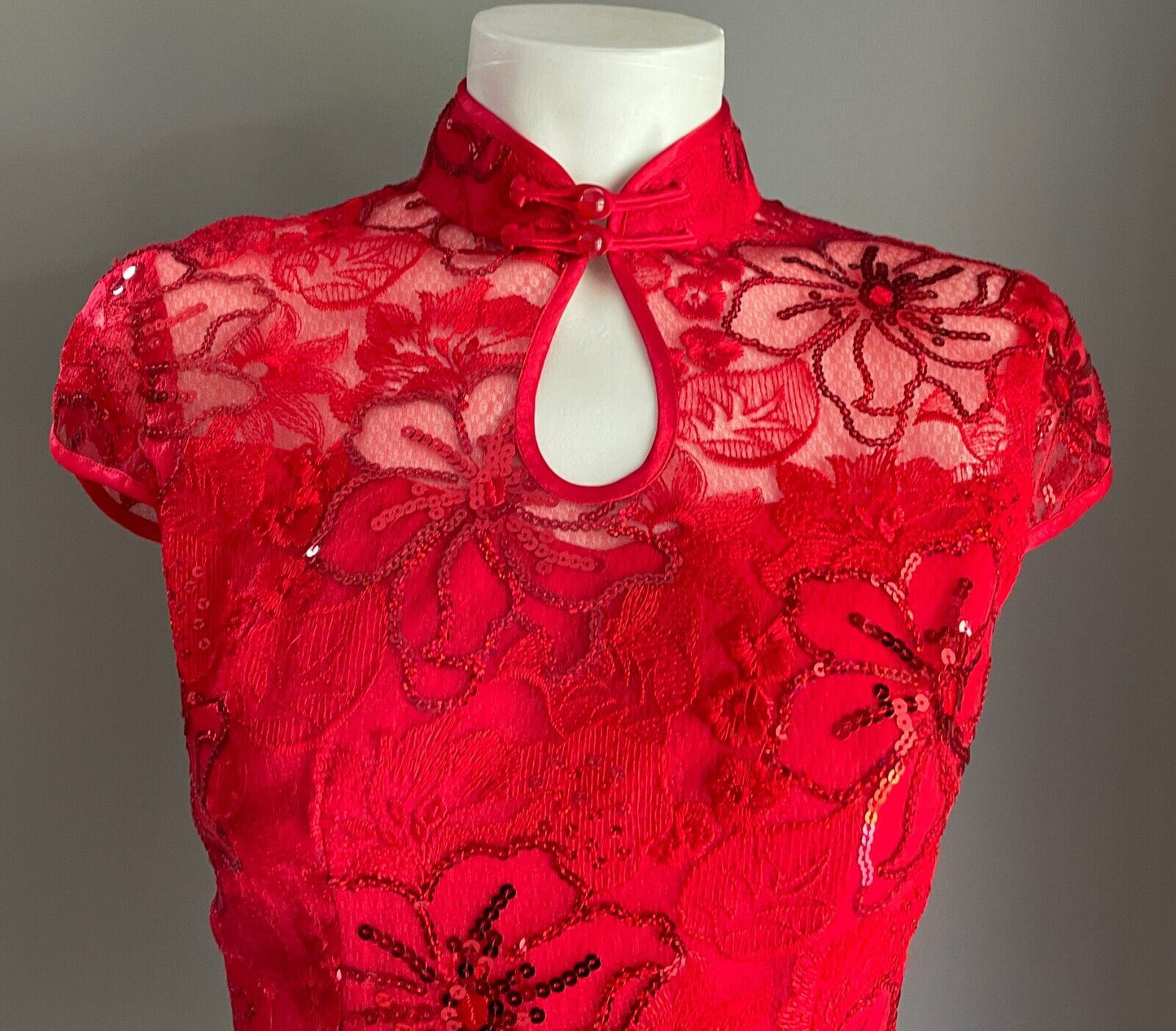 SHUTONG Cheongsam Traditional Chinese Dress Qipao Red Floral Lace Sequin Trim 8